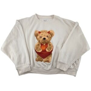 Grayson Thread Teddy Bear Heart Graphic Sweatshirt Womens Large Cream Pullover